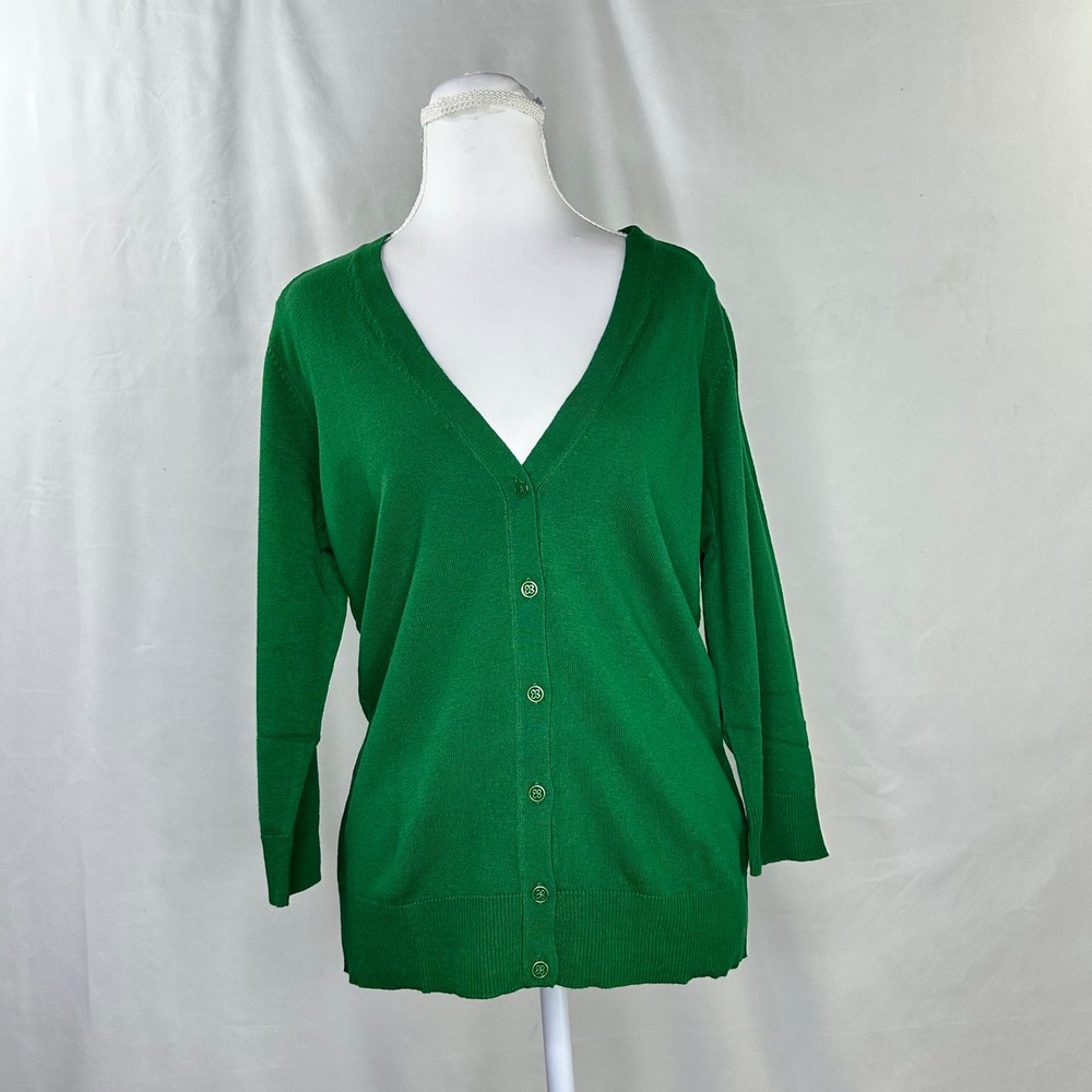 NY&C L Cardigan Green V-Neck Button Front 3/4 Sleeve Office Holiday Teacher NWT